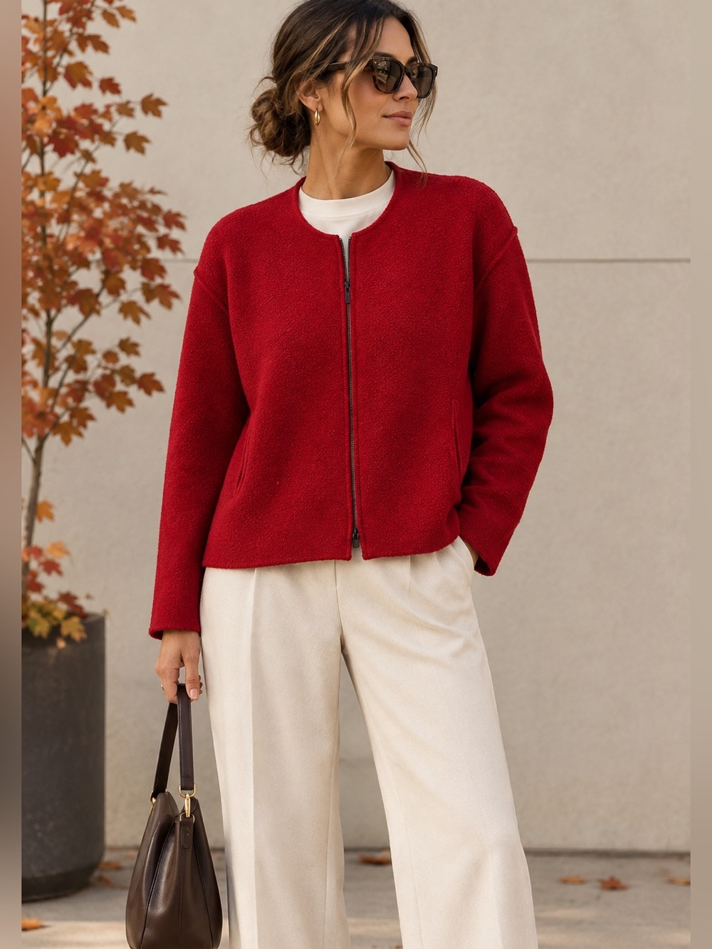 Eileen Fisher Red Boiled Wool Jacket XS/S Oversized Fit Full Zip Wool Minimalist